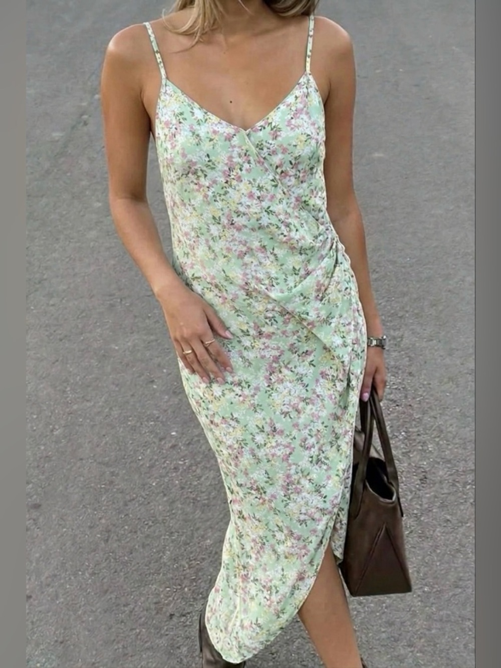 BCBGMAXAZRIA Floral Faux-Wrap Midi Dress Sage Green Size Large Romantic Wedding